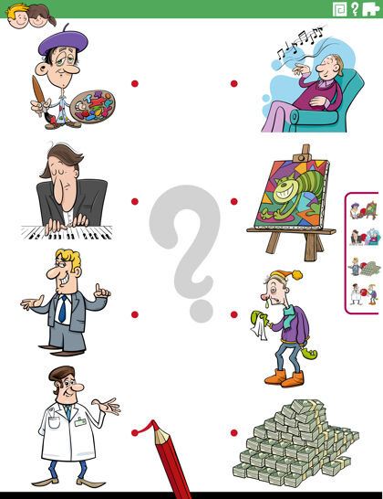 卡通匹配人物和对象的教育任务人物医生工作表