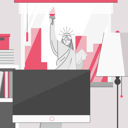 工人自由女神像国家纪念碑纽约风景从办公室办公桌电脑电脑屏幕