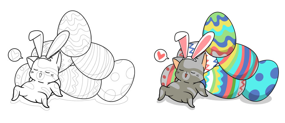 卡通可爱的兔子猫和复活节卡通彩蛋彩页的孩子们猫动物可爱