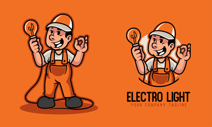 电子手持灯泡吉祥物标志的电器机械师灯泡电身份