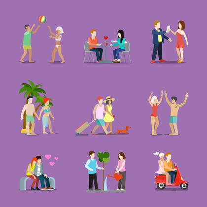 球一对年轻男女的生活方式集合人女人的爱情故事有趣有趣的假期插图.旅行紫色背景上的旅游度假晚宴舞蹈爱情庆典系列人自行车海滩