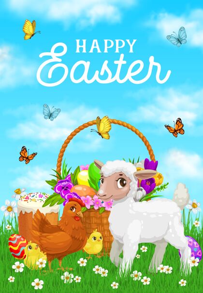 柳条复活节快乐贺卡模板与羔羊宝宝鸡蛋草复活节