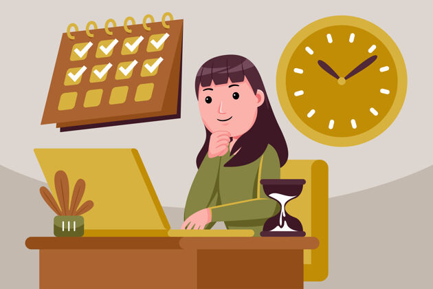 插图成功的女人控制着任务和时间时间时钟控制