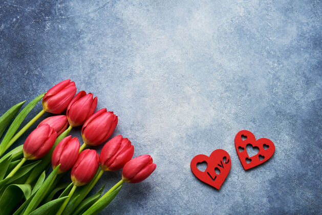 郁金香情人节一束红色郁金香和两颗红心放在蓝色的花盆上墙.平的行复制空间花节日花