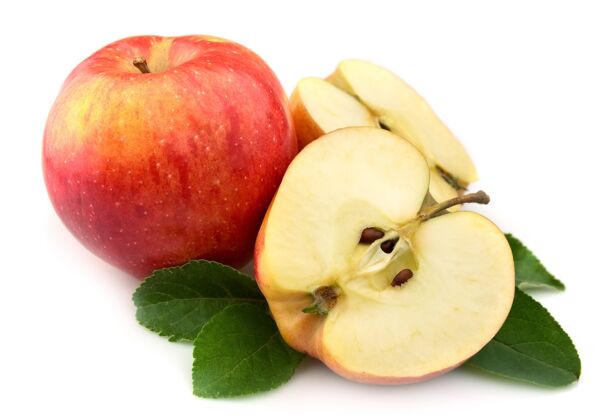美味多汁的红苹果 白苹果上有叶子农业食物多汁