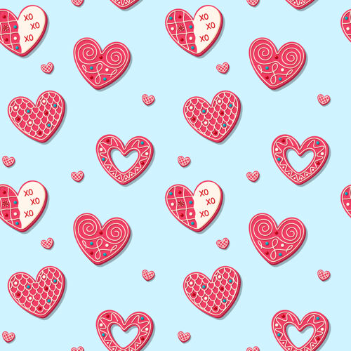 粉色情人节的无缝图案 甜饼形状为心浪漫粉色烤糖果图案壁纸情人节