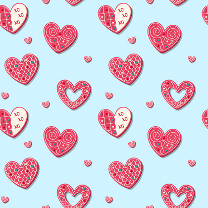 粉色情人节的无缝图案 甜饼形状为心浪漫粉色烤糖果图案壁纸情人节