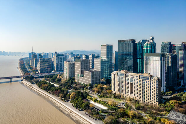 全景中国杭州现代城市建筑景观天际线航拍城市天际线景观