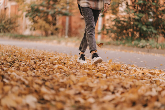 女朋友这个女孩走过秋天树叶明亮黄色的秋天阳光一起友谊