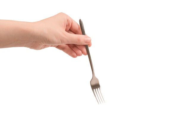 空白叉子在女人的手上孤立的白色背景手指早餐餐厅