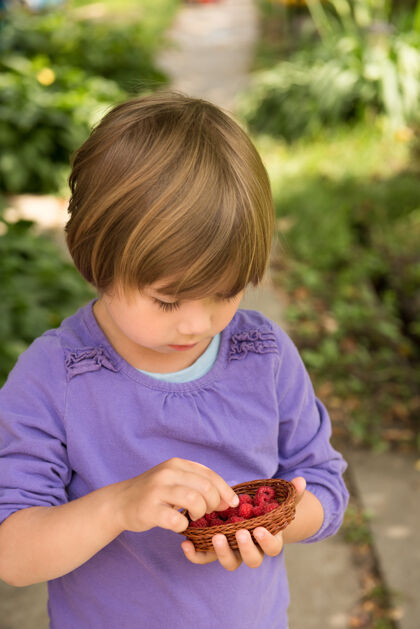 小小女孩在绿园里吃篮子里的树莓举行欢呼户外