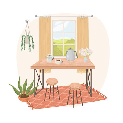 地毯现代化的室内设计 配有餐桌和室内植物房子家具餐厅