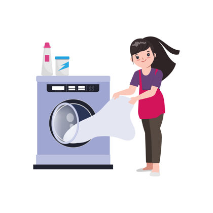 家用家庭主妇正在用洗衣机洗衣服洗衣机房子家用