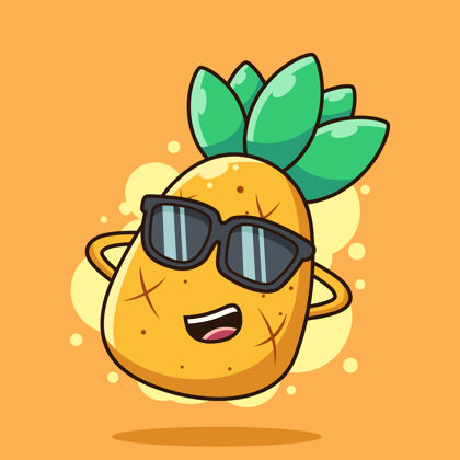 人物可爱的菠萝戴眼镜卡通图标插图.夏季橙色背景上孤立的水果图标概念背景新鲜卡通