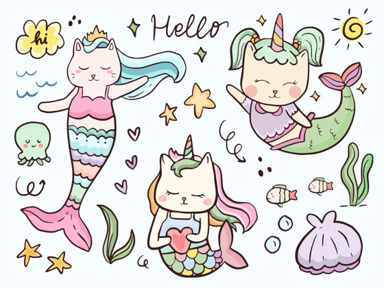 鱼可爱的美人鱼和海洋动物卡通集卡通童话