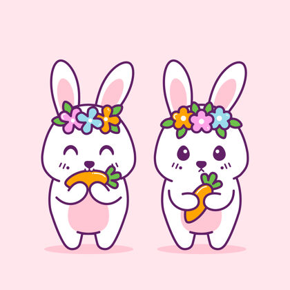 表情可爱的兔子带上胡萝卜和粉红色的花花叶耳朵