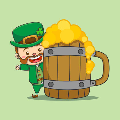 圣帕特里克日可爱的小妖精在大啤酒杯后面帽子杯子爱尔兰