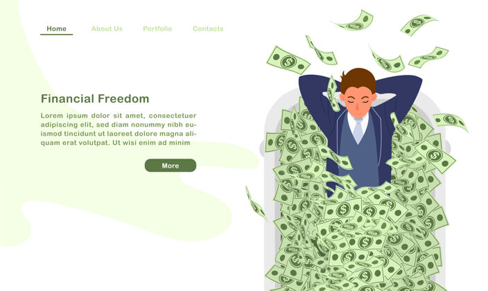 金融网站登陆页面模板卡通人物一个金融自由人躺在浴缸里拿着无数钞票富人男性谎言