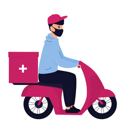 药品戴防护面具的送货员骑摩托车送药男人摩托车司机
