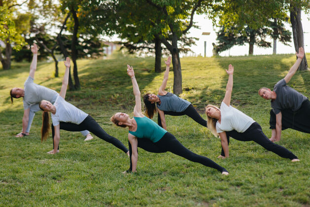 草地日落时分 一群人在公园里做瑜伽活动女人平静
