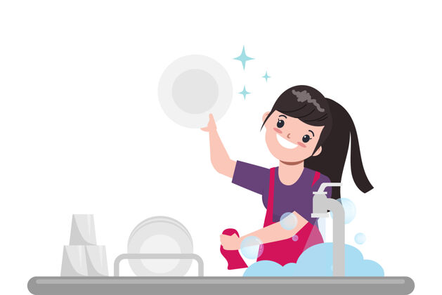 盘子家庭主妇正在厨房洗盘子女士动画水