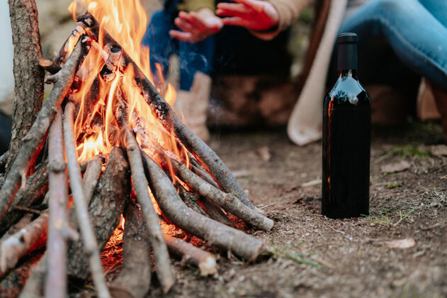 女人关上一瓶酒和一堆火 让那些无法辨认的女人暖手森林火交谈