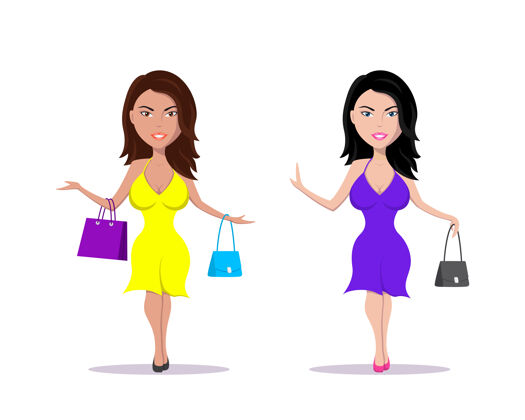 购物一个优雅的年轻女子 手拿手提包和购物袋 穿着漂亮的裙子卡通站立携带