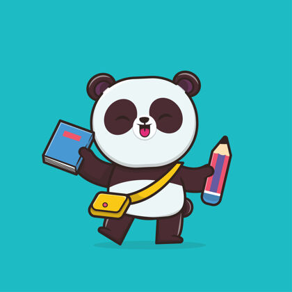 扁平可爱的卡哇伊熊猫回学校了书铅笔学校