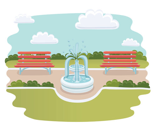 经典公园里喷泉的可爱卡通插图花花园城市