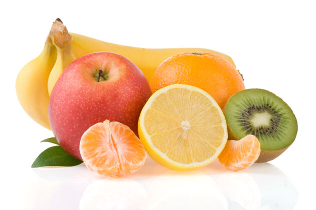 苹果新鲜的热带水果和切片隔离在白色香蕉橘子成熟