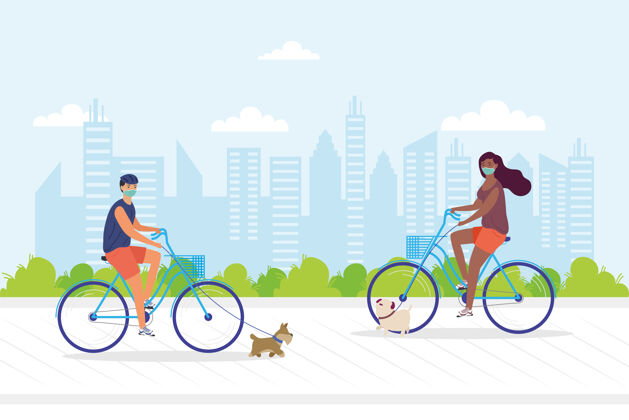面部一对年轻夫妇戴着中间面具在自行车上用宠物插画设计男人健康自行车