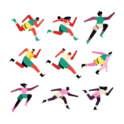 运动九个运动员的角色插图捆绑能量运动员运动