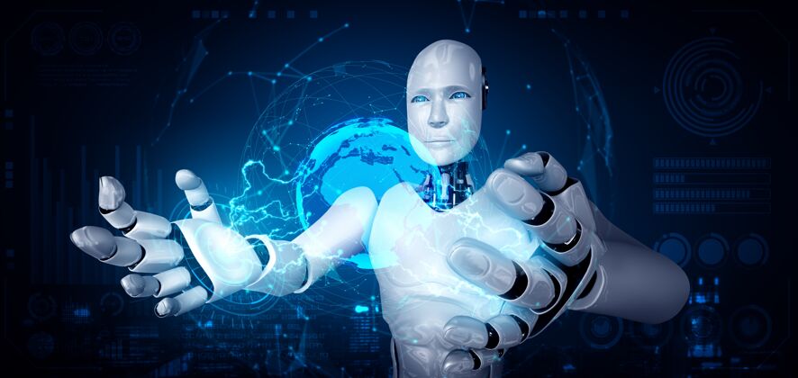 智能Ai仿人机器人手持全息屏展示全球通讯理念电子人信息机器