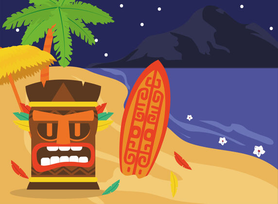 异国情调提基卡通在海滩上的夜晚设计夏威夷热带插画夏威夷棕榈夜晚