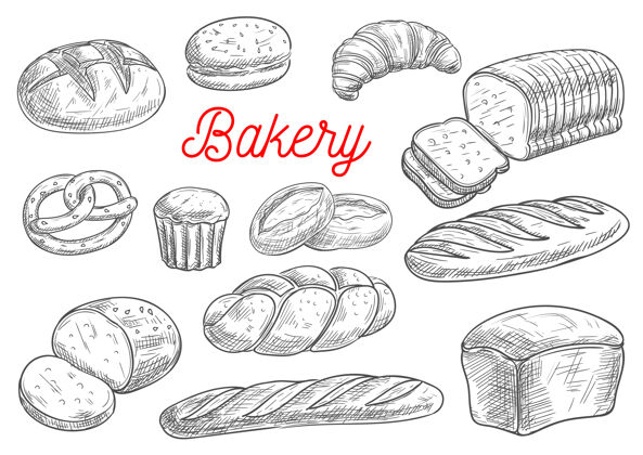 面包房面包种类和烘焙产品隔离在白色美味面包牛角面包
