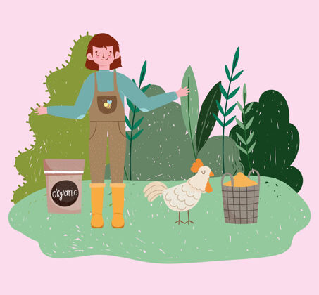 小麦园丁男孩与母鸡谷物有机领域植物自然插图发芽工人粮食