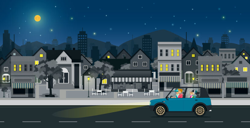 明亮父母和孩子晚上在城市街道上开车场景交通景观