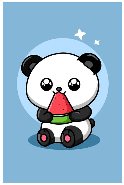 背景可爱的熊猫吃西瓜动物卡通插画熊搞笑设置