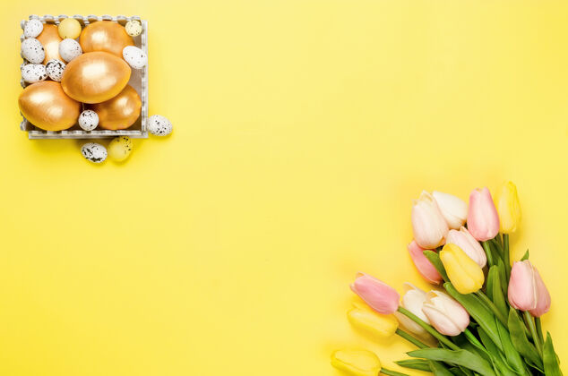 季节复活节装饰性复活节金蛋 黄色背景上的脓疱柳枝和郁金香餐饮装饰复活节装饰