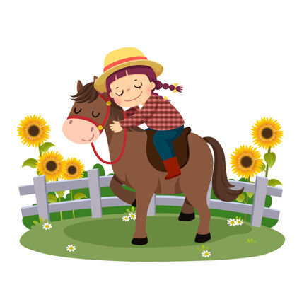 卡通快乐男孩骑着马拥抱她的卡通女孩孩子农场