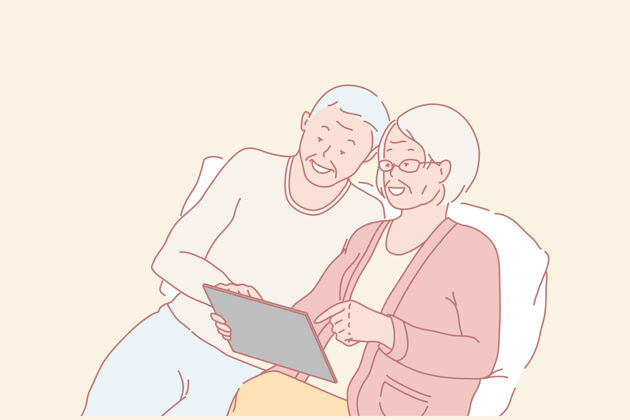 情侣家庭 退休人员 教育 沟通在线概念说明手机合作在一起