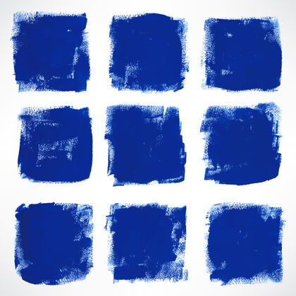 垃圾用九个肮脏的墨水手工画的蓝色正方形笔划收藏绘图