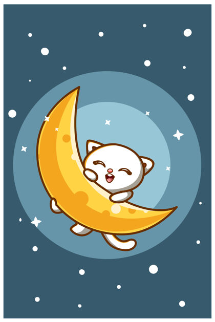 动物可爱的猫与月亮在夜间动物卡通插画人物星星美丽