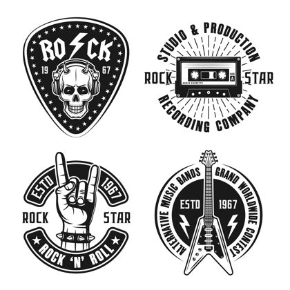 音频摇滚乐标志 标签 徽章在复古风格声音头骨乐队