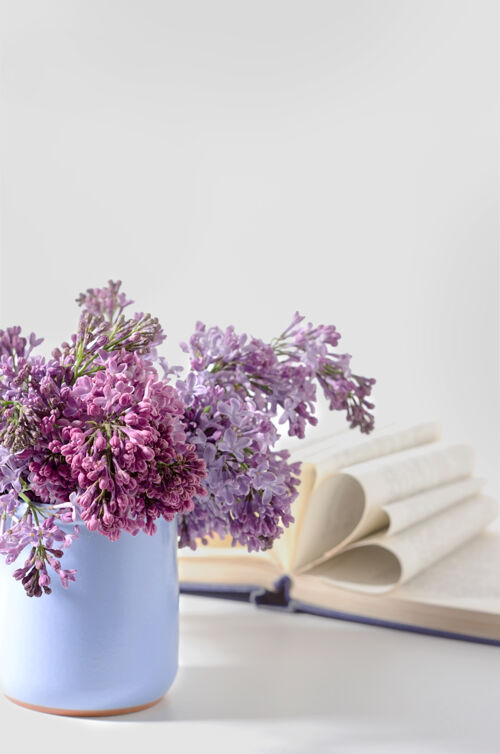 植物一个蓝色小花盆里的花束放在一张白桌子上 桌子上放着一本打开的书花束精品丁香花