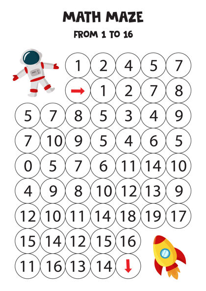 迷宫数学迷宫与宇航员和火箭计数为孩子们准备的可打印游戏火箭幼稚数字