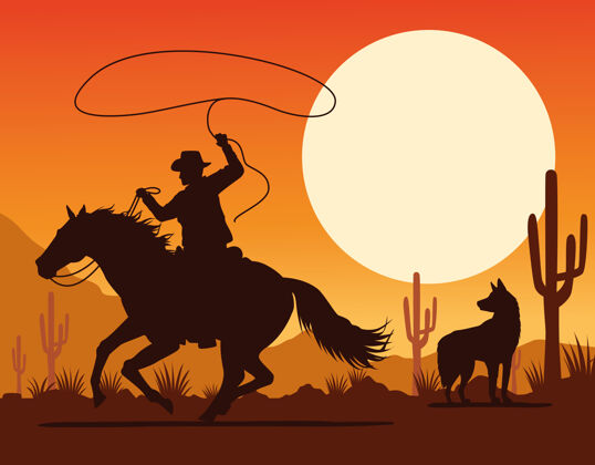 动物牛仔形象在马套索和狗在沙漠景观牛仔马剪影