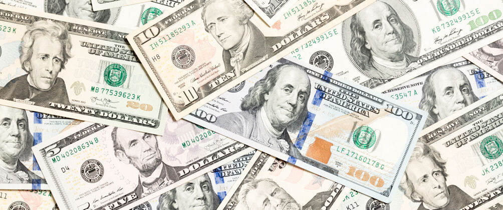 货币展开的美元钞票俯视图框架栈美元