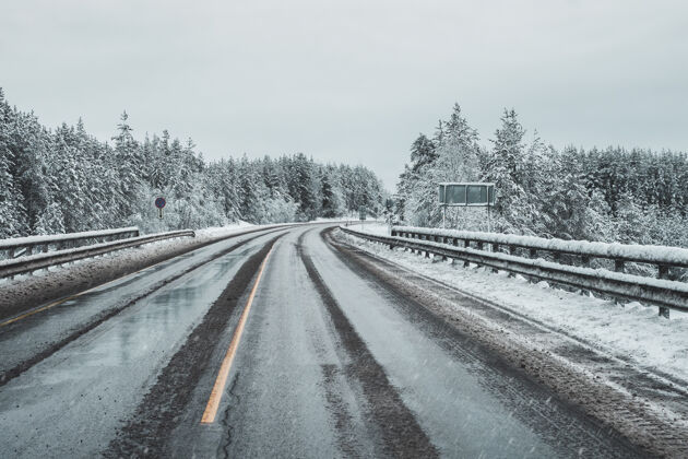 如画一条空旷肮脏的冬季公路在湿滑的路上转弯极地松树曲线