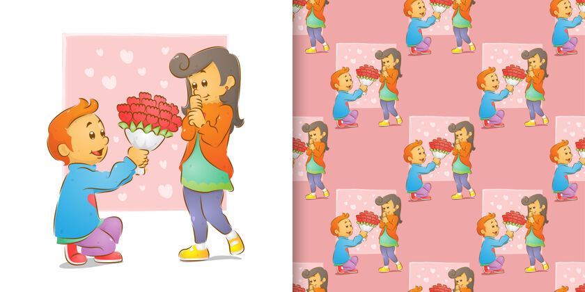 男人男人送花和女人跪下爱的图案集女人男孩卡通